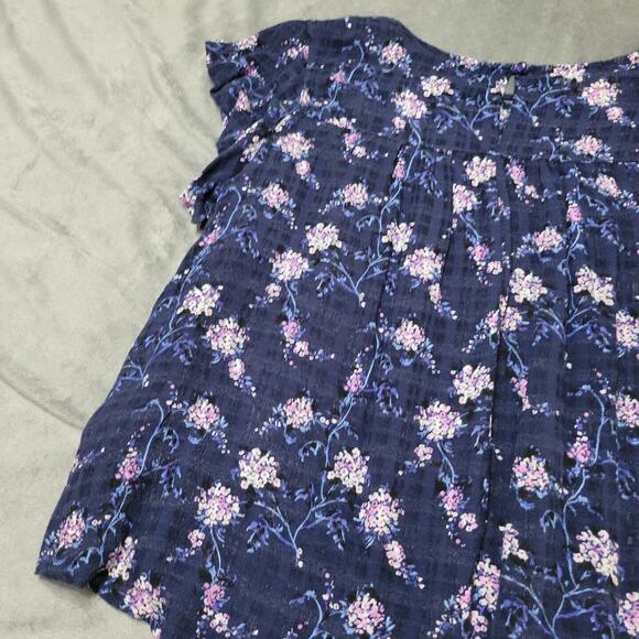 Roebuck & Co Shirt Women Large Blouse Blue Floral Sleeve Button Keyhole Back Top - Picture 8 of 12